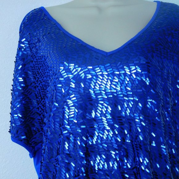 Dress Barn Top Large Petite Blue Sequined Sparkly Evening Blouse - Picture 6 of 15